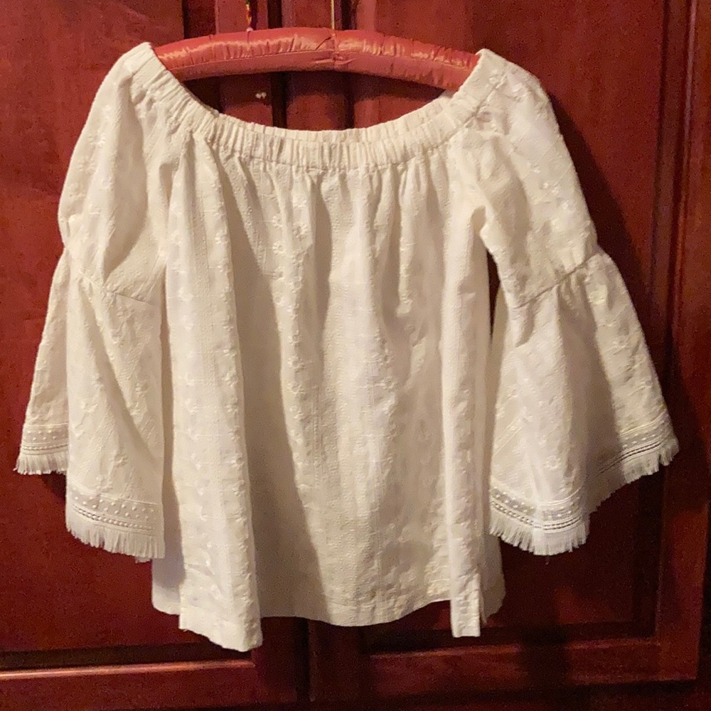 White eyelet bell fringe sleeve cotton top by Loft